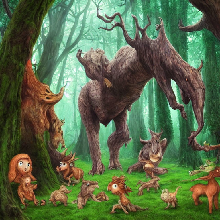 Enchanting forest scene with whimsical creatures and mystical ambiance
