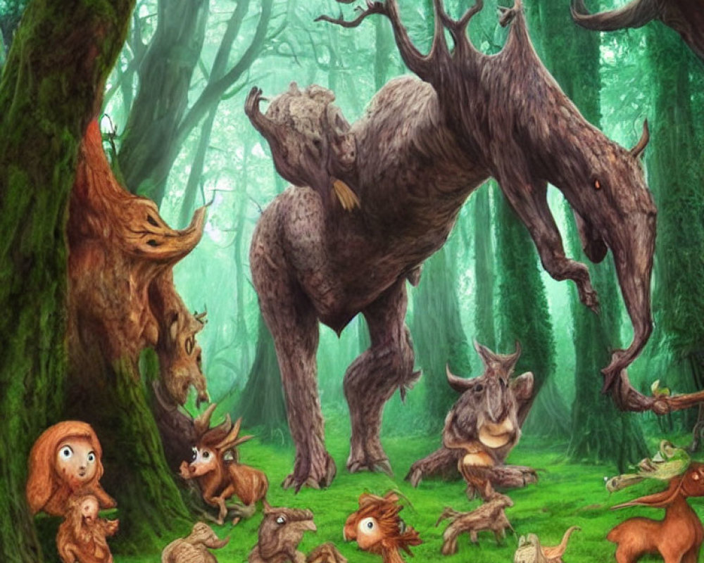 Enchanting forest scene with whimsical creatures and mystical ambiance