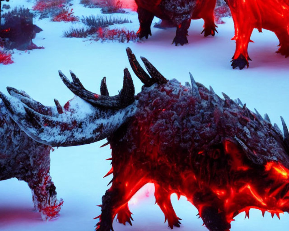 Red glowing boar-like creatures with tusks in snowy landscape under dark sky