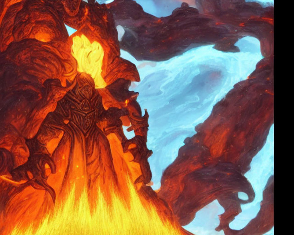 Colorful Illustration of Fiery Figure with Molten-Lava Skin and Blue Energy Backdrop