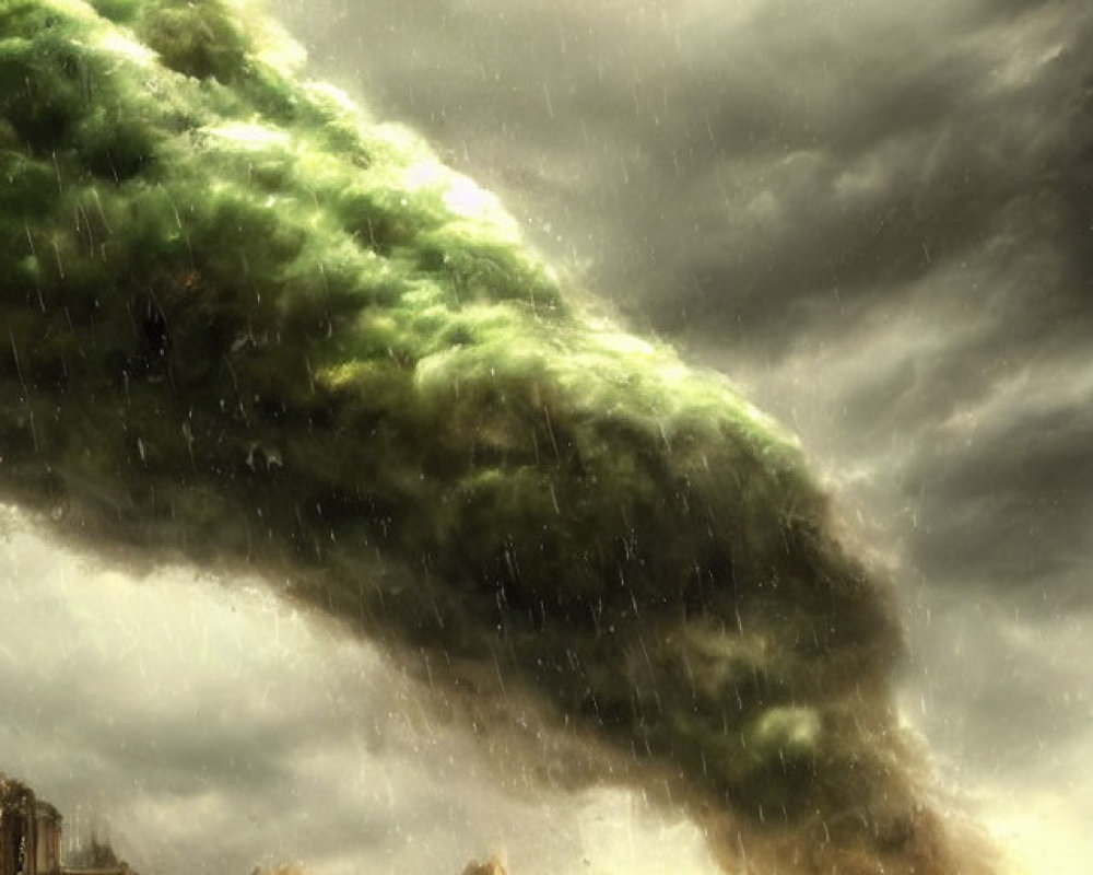Gigantic green tornado over desolate landscape with dark figures.