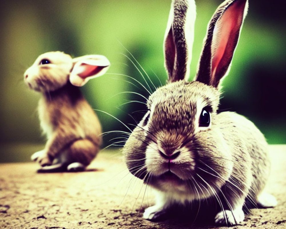Two rabbits on textured surface: one with alert ears in foreground, one slightly blurred in background