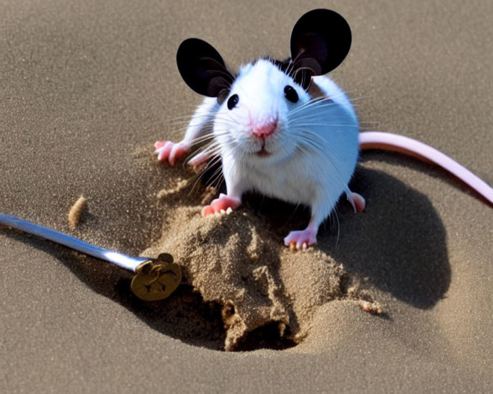 White Mouse with Black Ears on Sand Next to Partially Buried Metal Object