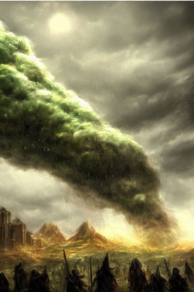 Gigantic green tornado over desolate landscape with dark figures.