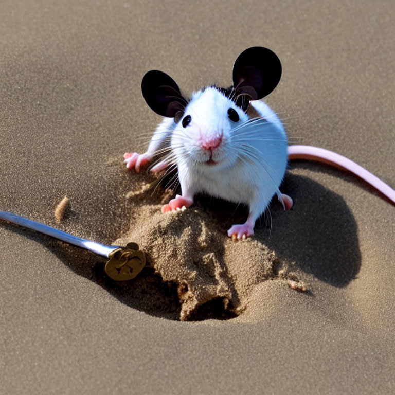 White Mouse with Black Ears on Sand Next to Partially Buried Metal Object