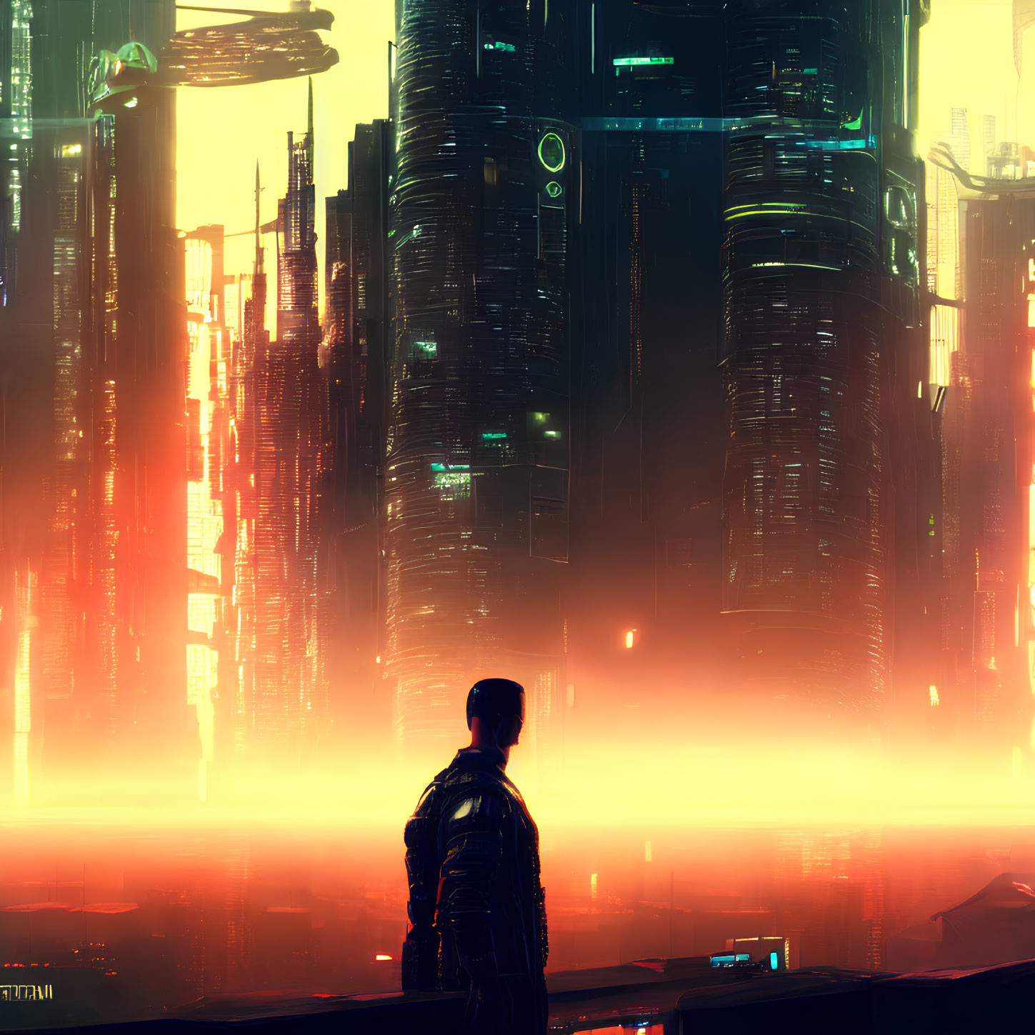 Futuristic cityscape with neon lights and skyscrapers