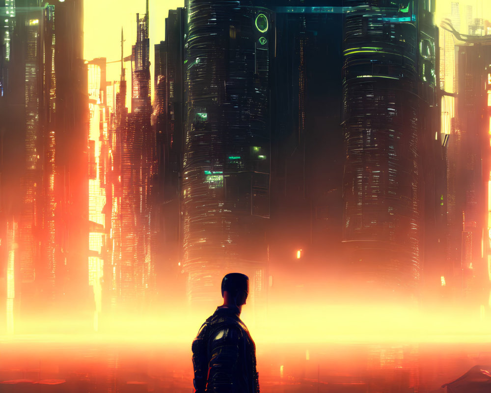 Futuristic cityscape with neon lights and skyscrapers