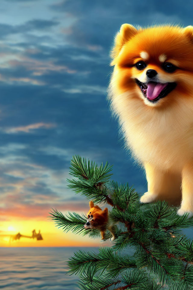 Cheerful Pomeranian Dog on Pine Branch at Sunset