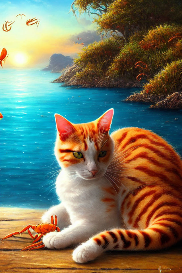 Orange and White Cat with Striking Eyes by Blue Lake with Flying Orange Crabs in Serene Fantasy