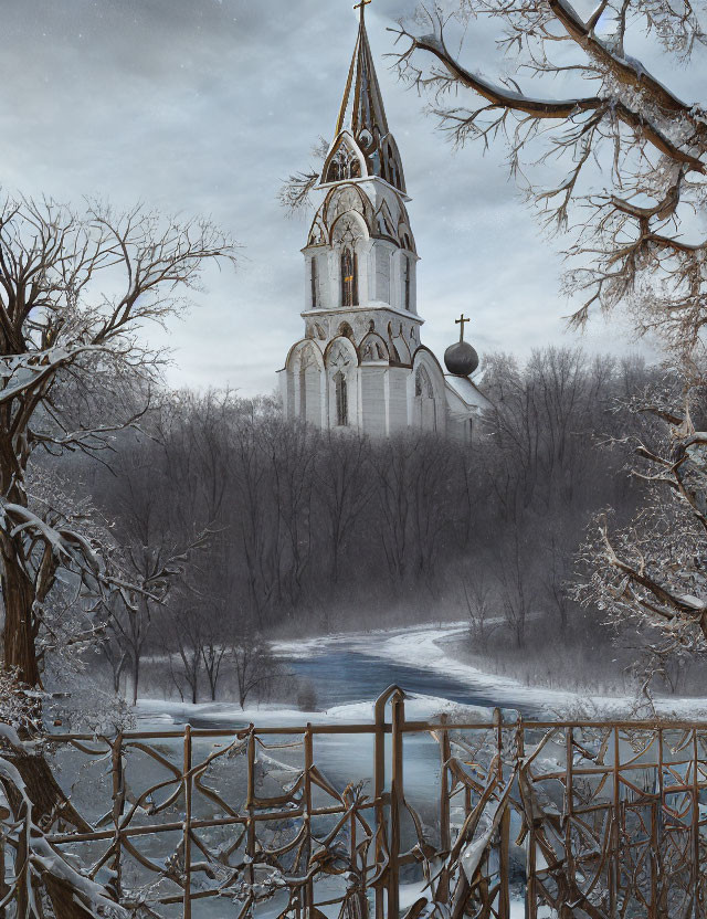 Snowy landscape with spired church, frosty trees, and rustic fence