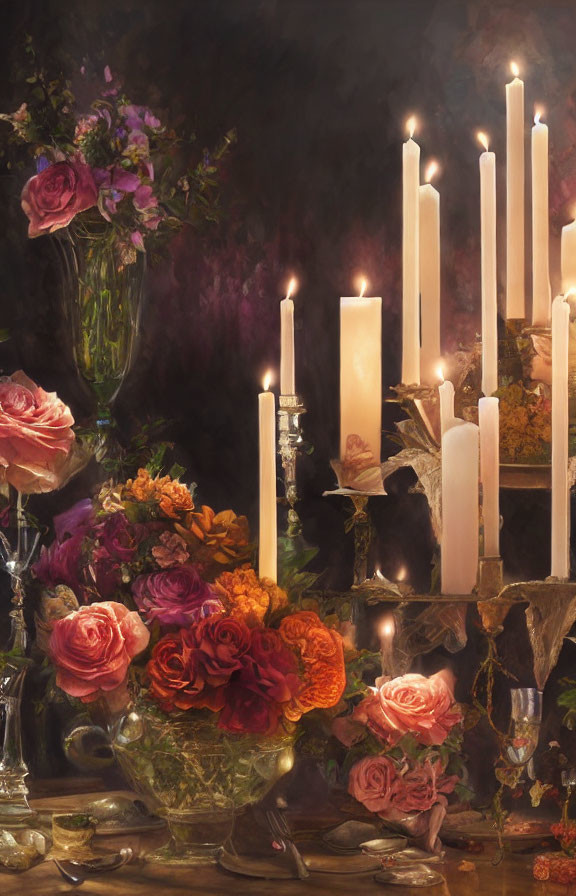 Vibrant roses and lit candles on candelabra still life display