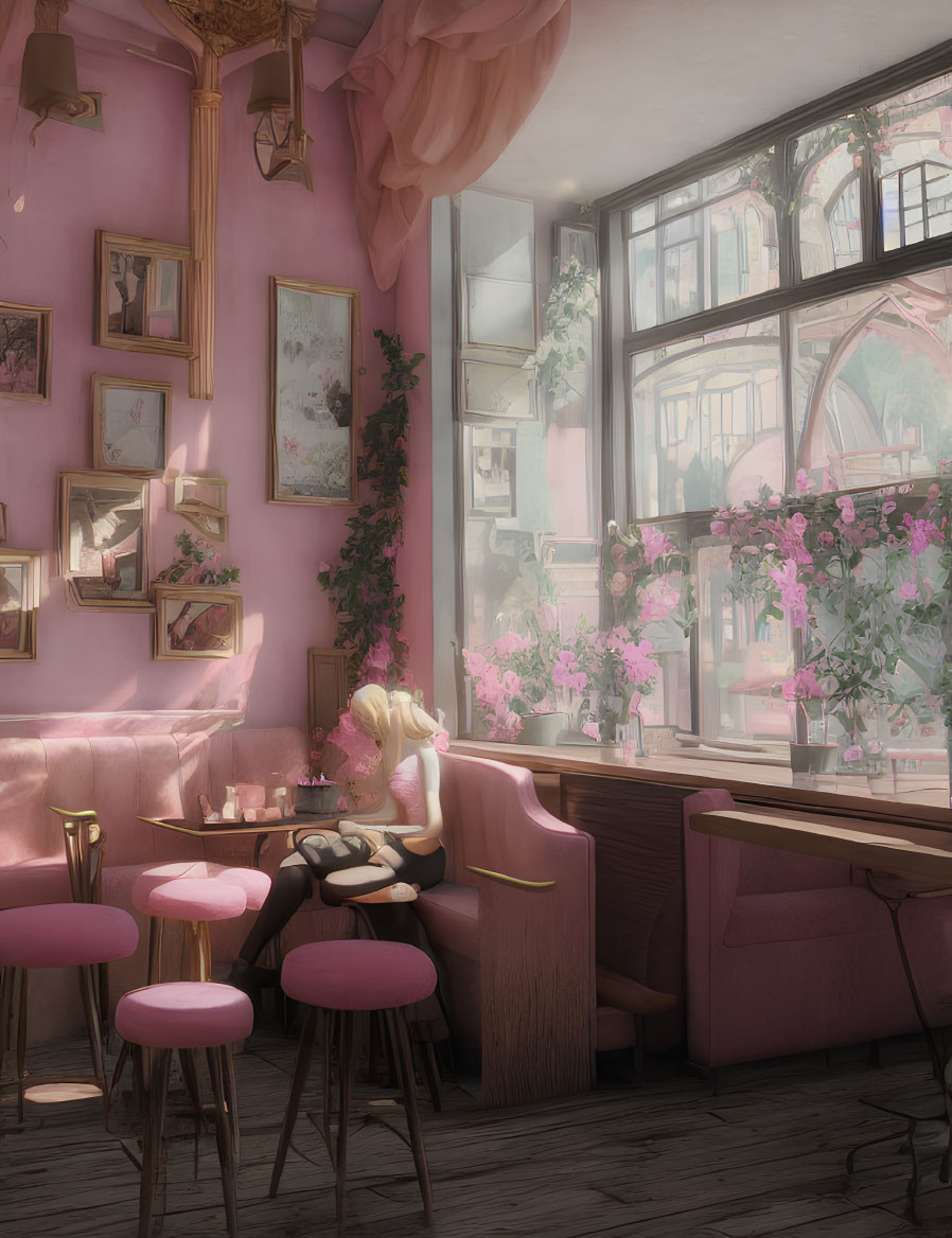 Person seated in pink-themed cafe corner with plants and framed pictures