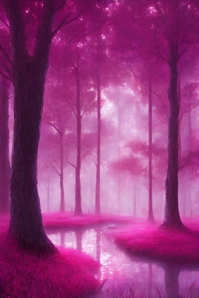 Mystical forest scene with vibrant pink and purple hues