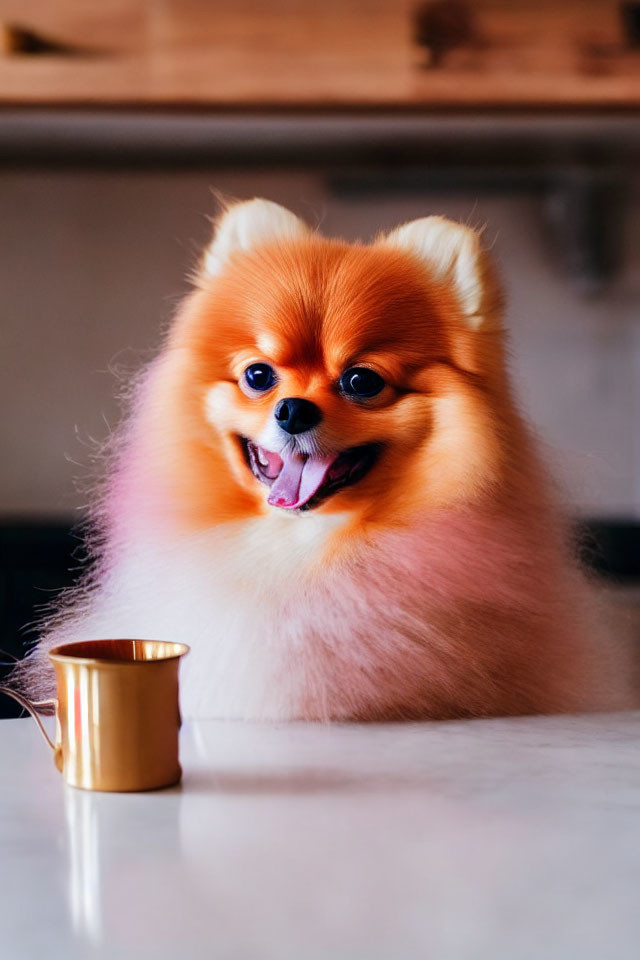 Fluffy Pomeranian Dog with Milk Pitcher in Happy Pose