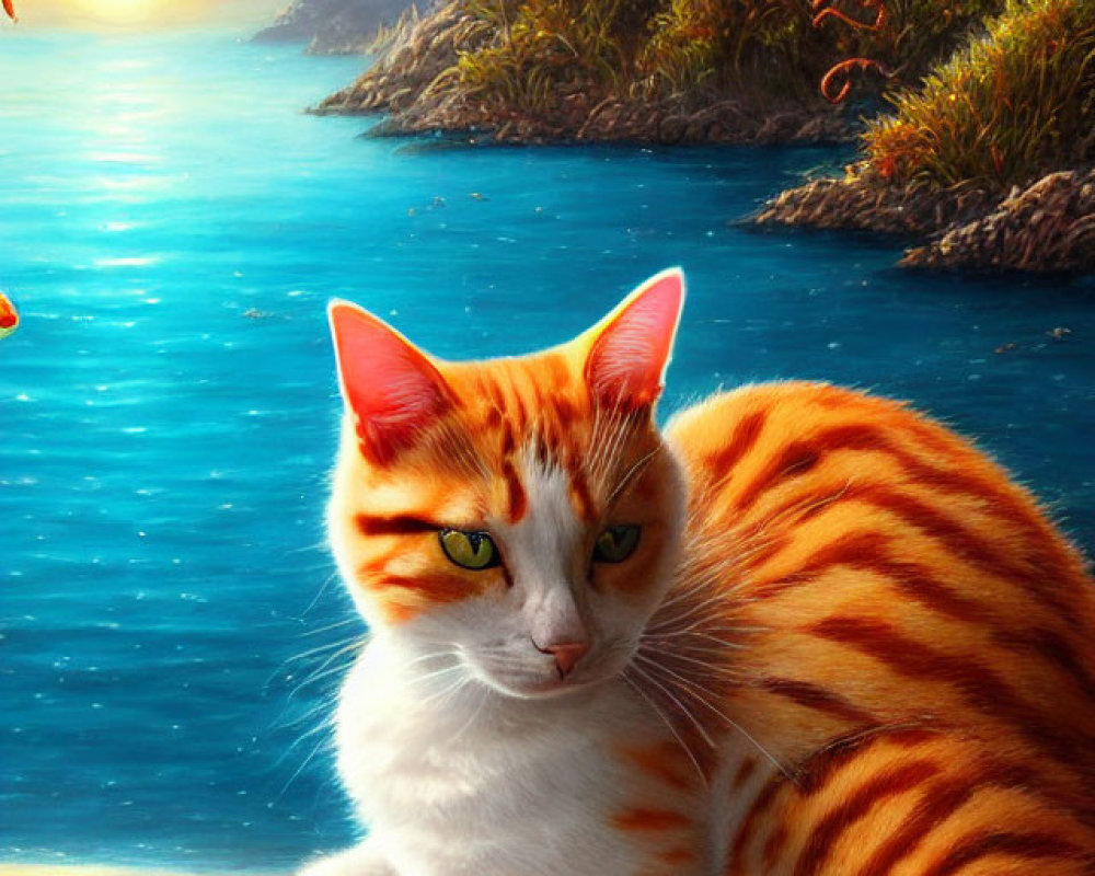 Orange and White Cat with Striking Eyes by Blue Lake with Flying Orange Crabs in Serene Fantasy