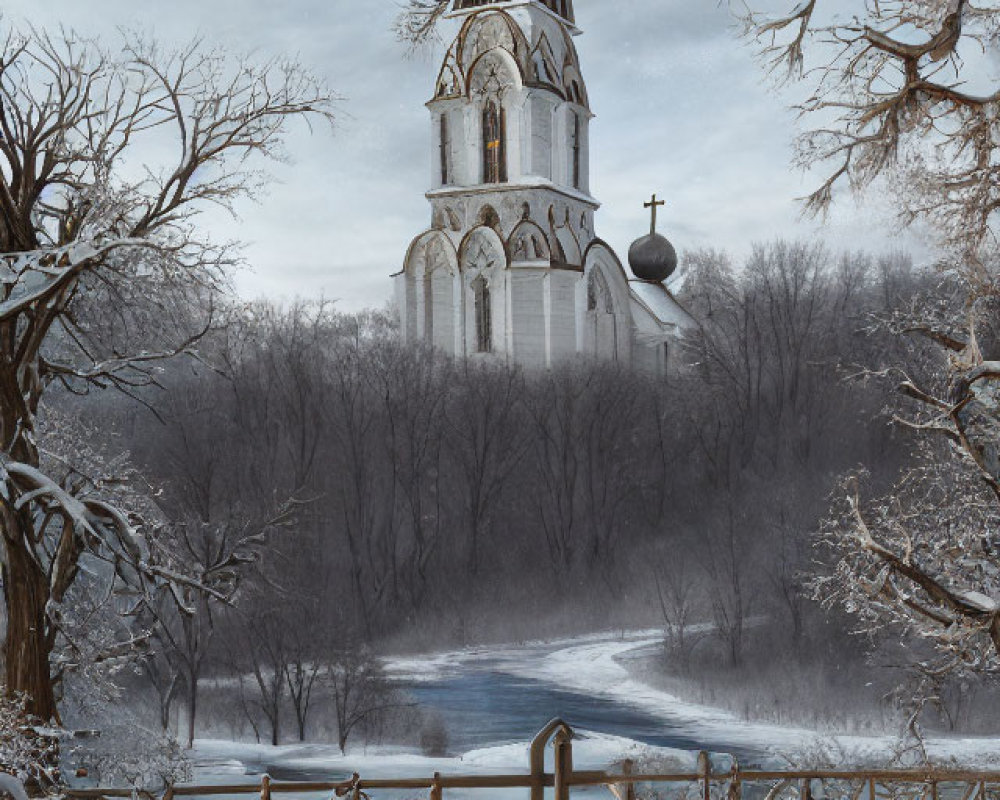 Snowy landscape with spired church, frosty trees, and rustic fence