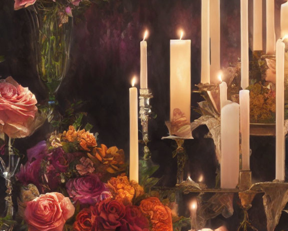 Vibrant roses and lit candles on candelabra still life display