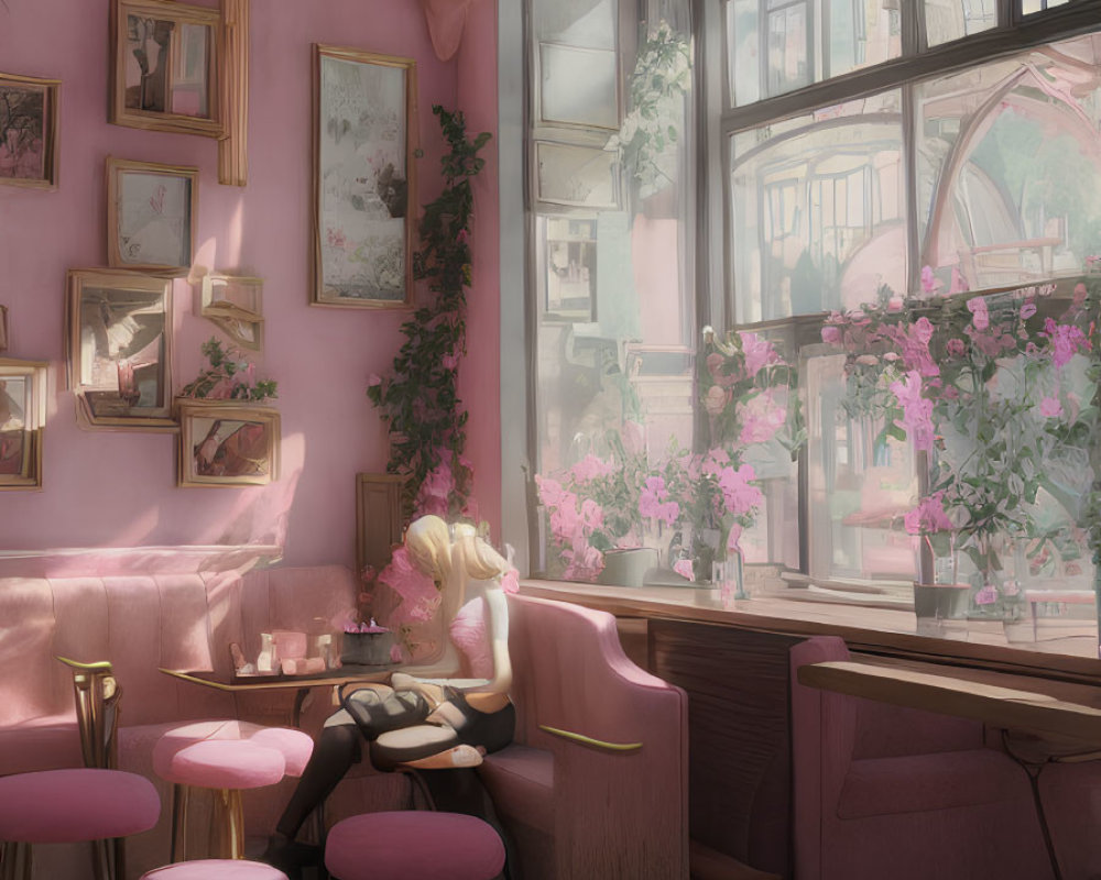 Person seated in pink-themed cafe corner with plants and framed pictures