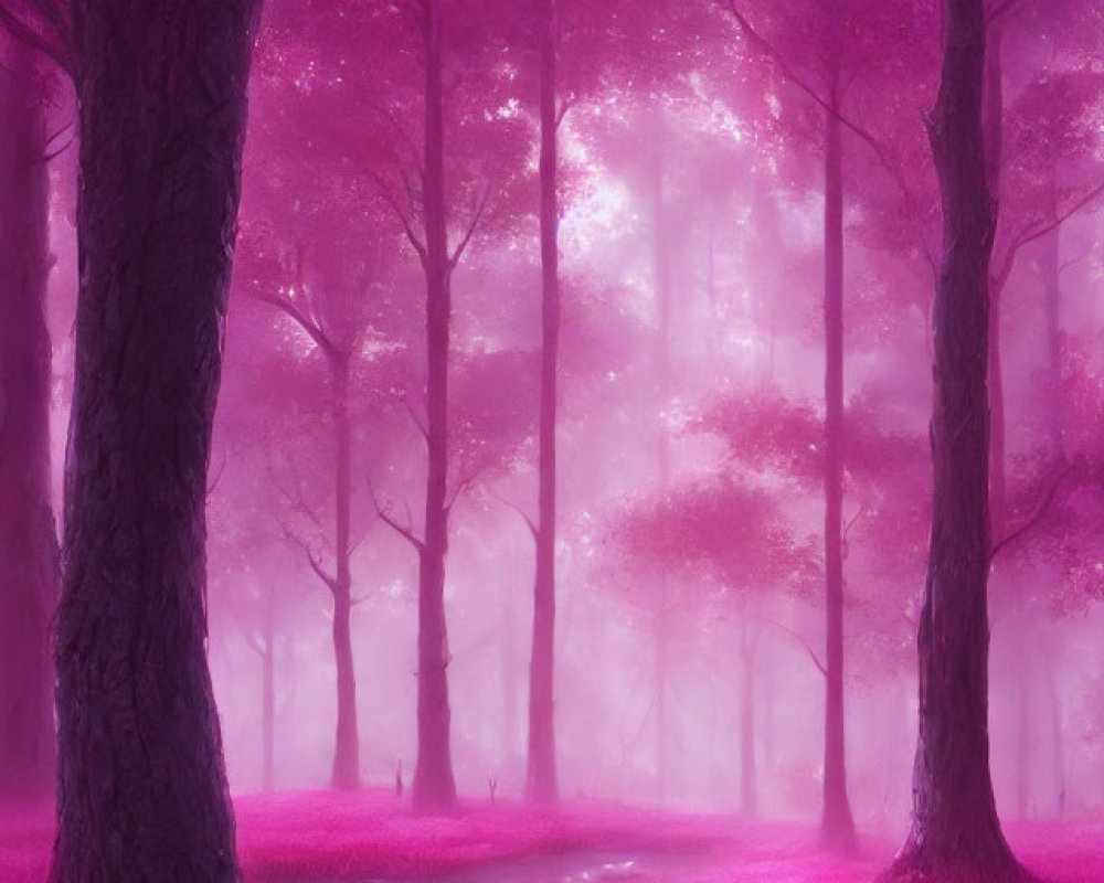 Mystical forest scene with vibrant pink and purple hues