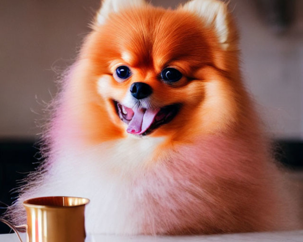 Fluffy Pomeranian Dog with Milk Pitcher in Happy Pose