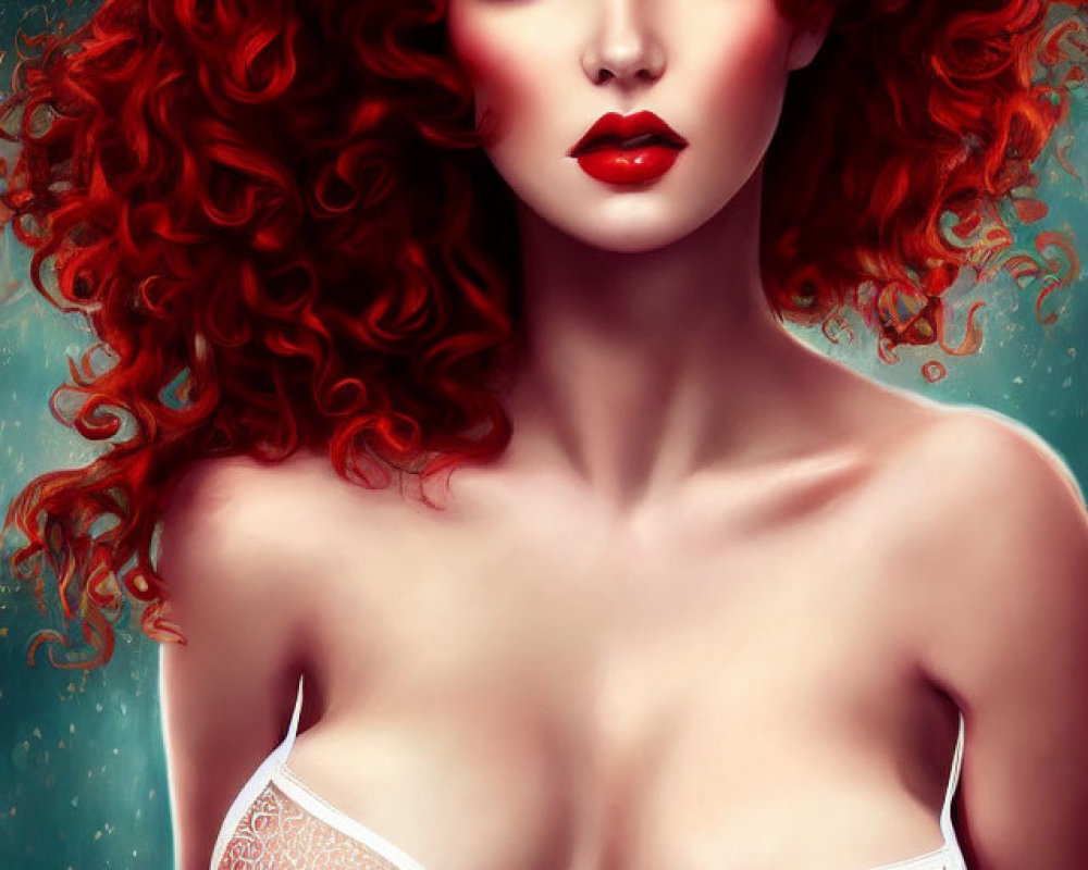 Voluminous red curly hair woman in white lace bra on teal background