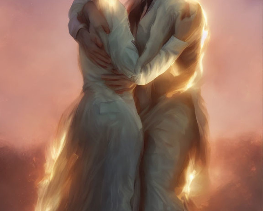 Romantic couple embraced by soft flames under twilight sky