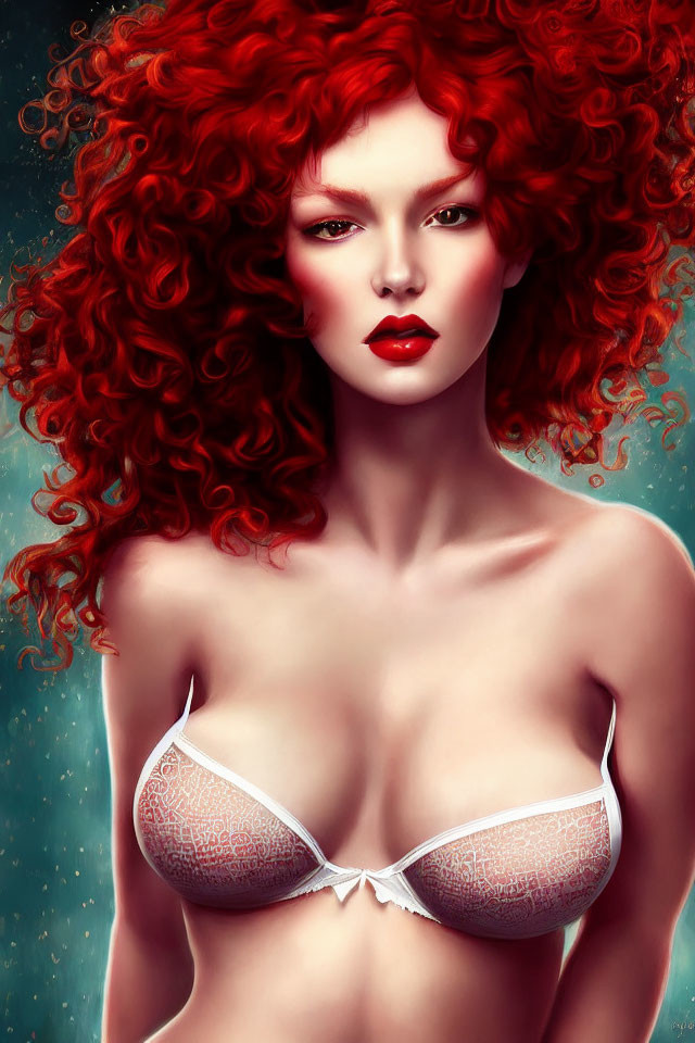 Voluminous red curly hair woman in white lace bra on teal background