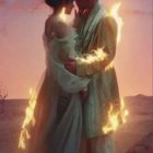 Romantic couple embraced by soft flames under twilight sky