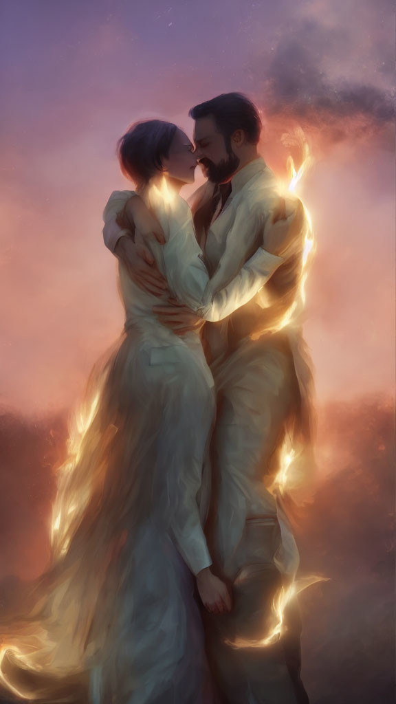 Romantic couple embraced by soft flames under twilight sky