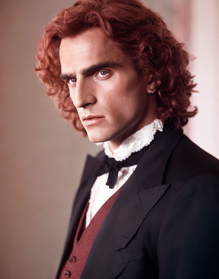 Man with Auburn Hair in Black Coat and Cravat Portrait