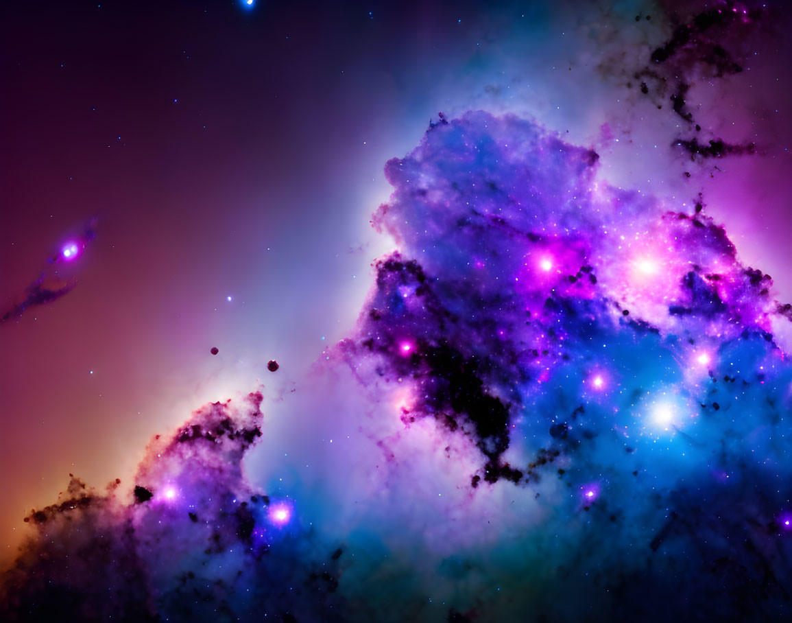 Colorful cosmic scene with swirling blue and purple nebulae and stars.