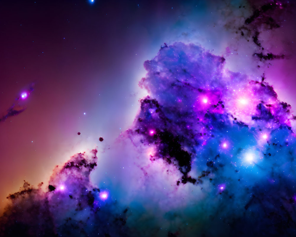 Colorful cosmic scene with swirling blue and purple nebulae and stars.