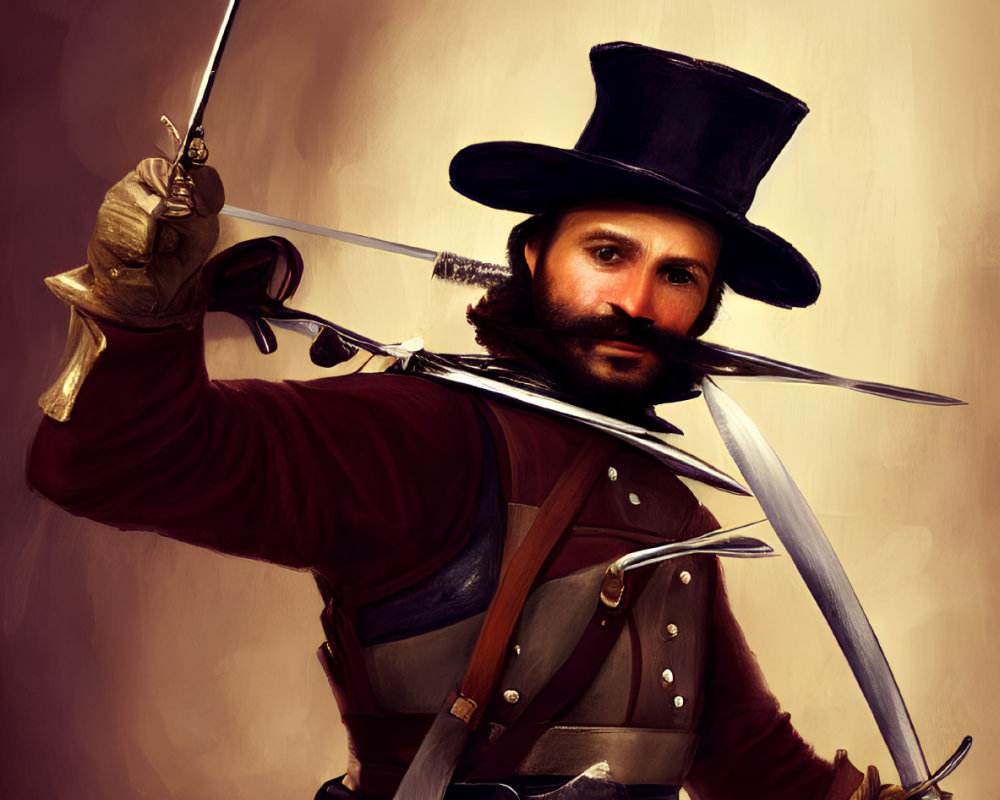 Stylized portrait of musketeer with wide-brimmed hat and rapier