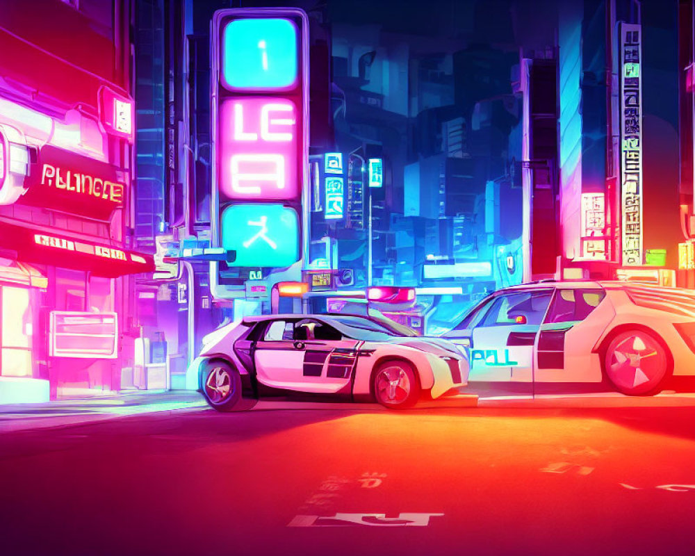 Futuristic night cityscape with neon signs and police car