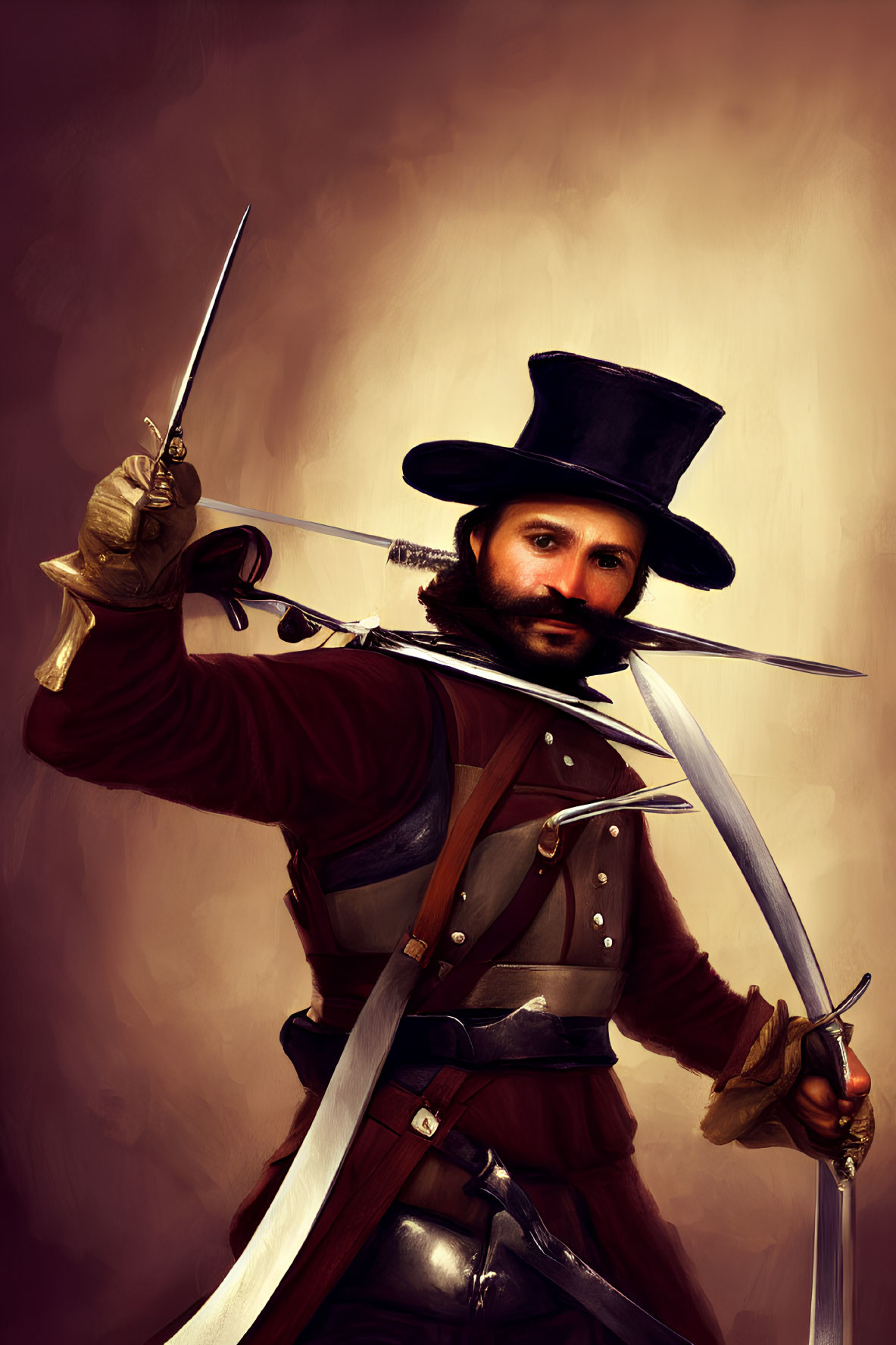 Stylized portrait of musketeer with wide-brimmed hat and rapier