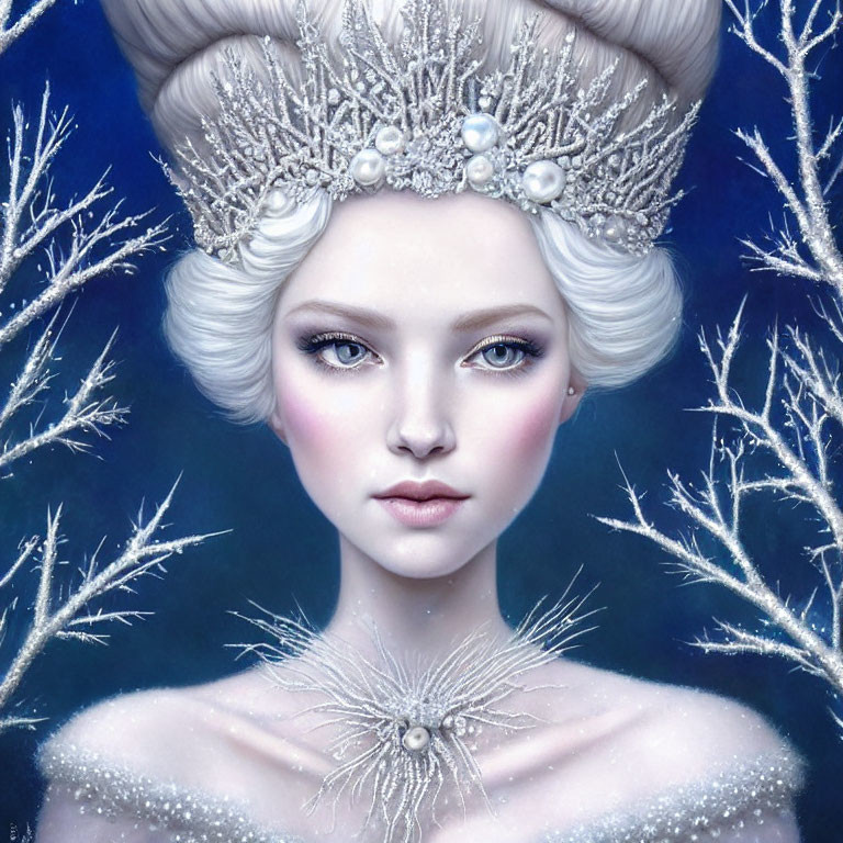 Pale woman with icy blue eyes and bejeweled crown in winter queen costume