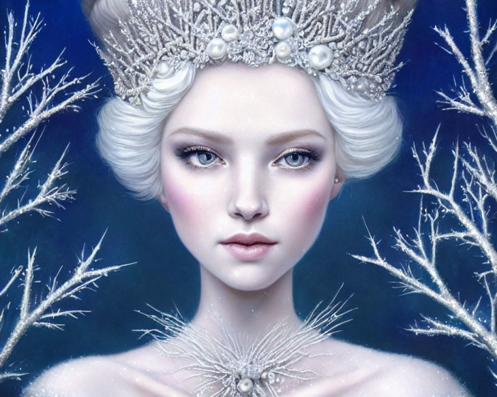 Pale woman with icy blue eyes and bejeweled crown in winter queen costume