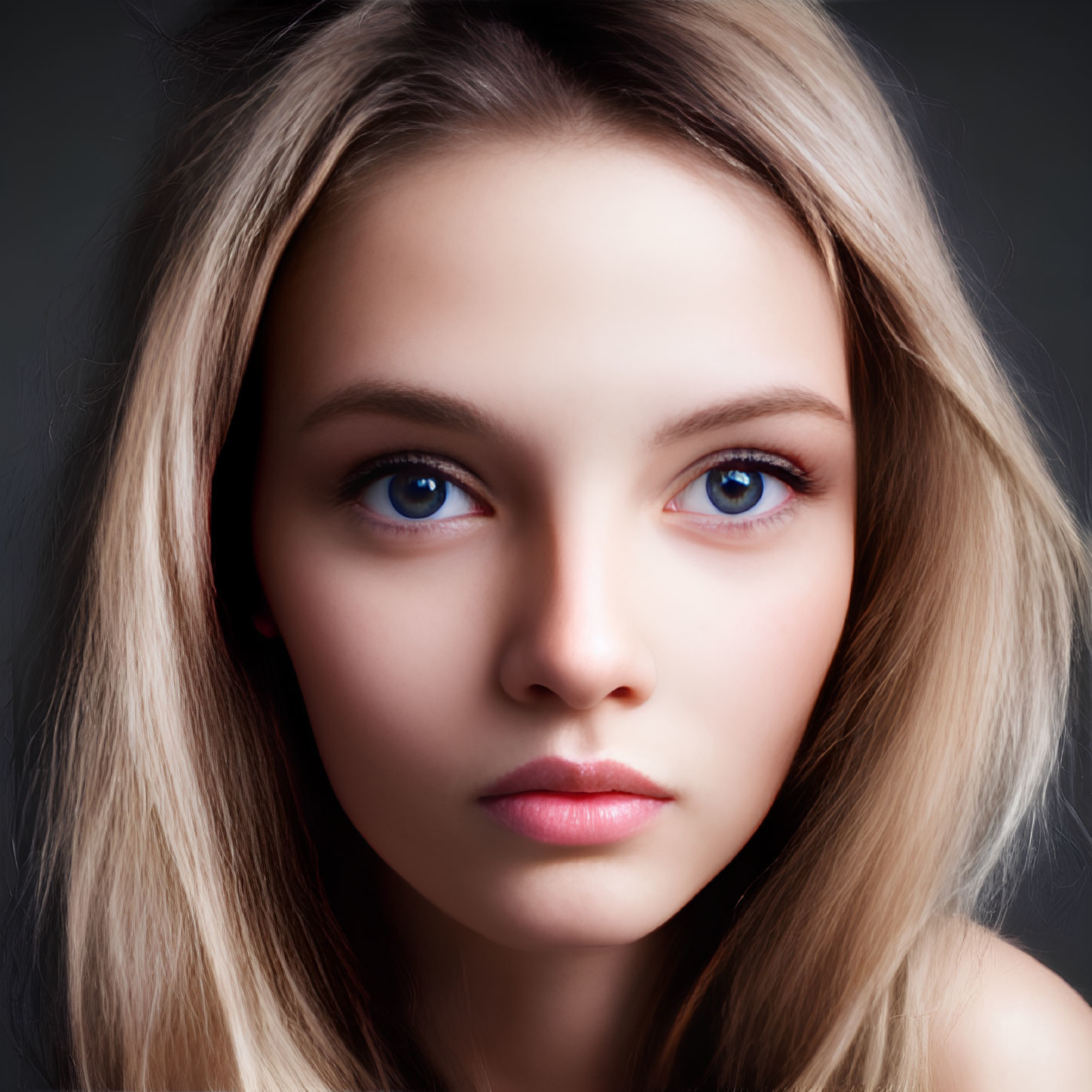 Portrait of young woman with blue eyes and blonde hair on dark background