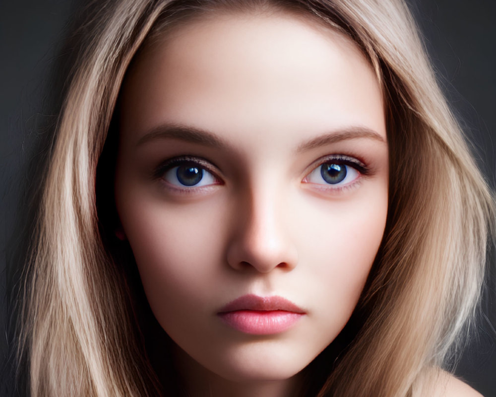 Portrait of young woman with blue eyes and blonde hair on dark background