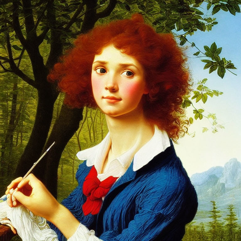 Portrait of young person with curly red hair in blue jacket, holding paintbrush, with scenic background