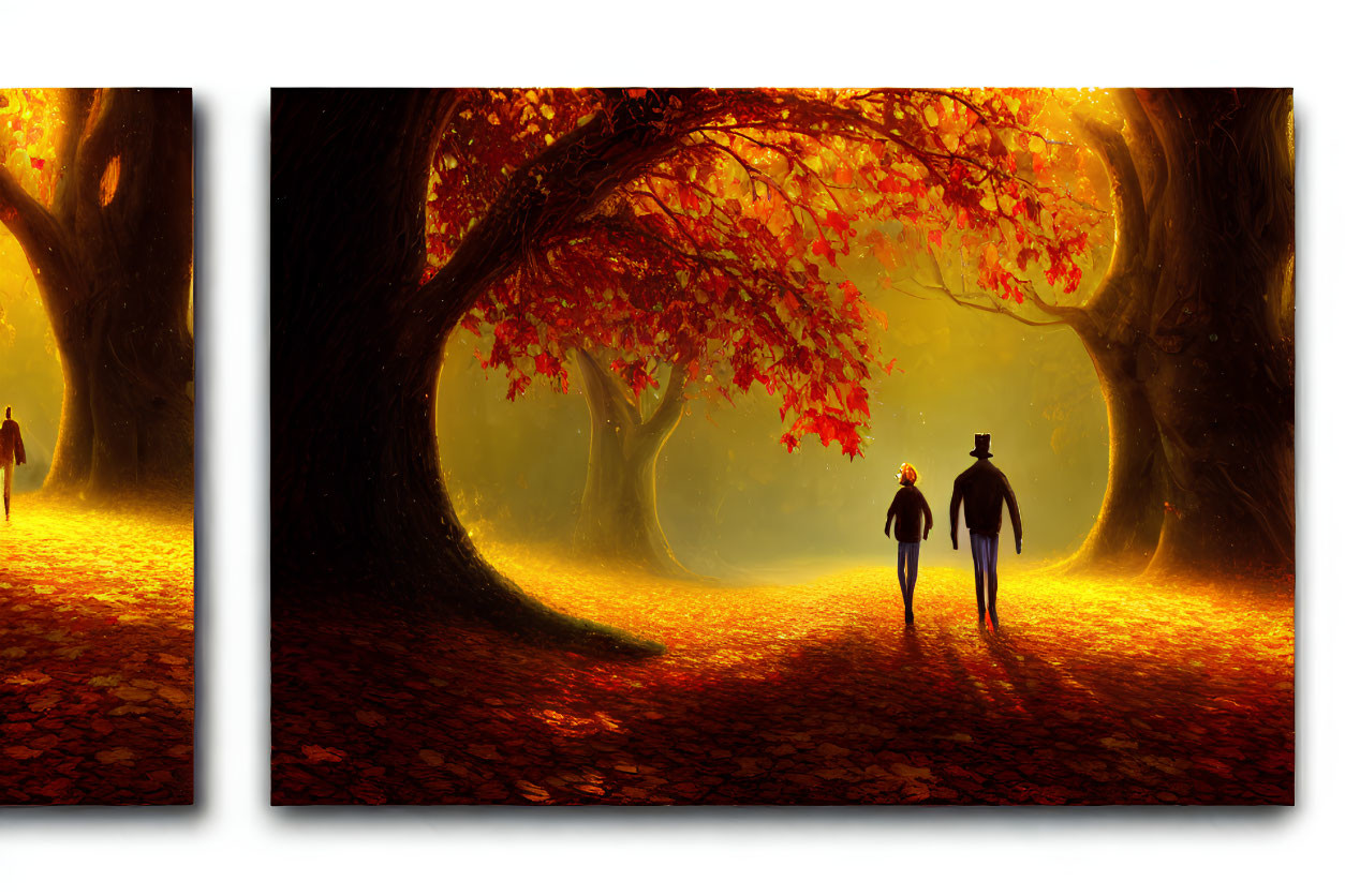 Digital Artwork: Two Figures Walking Among Vibrant Autumn Trees