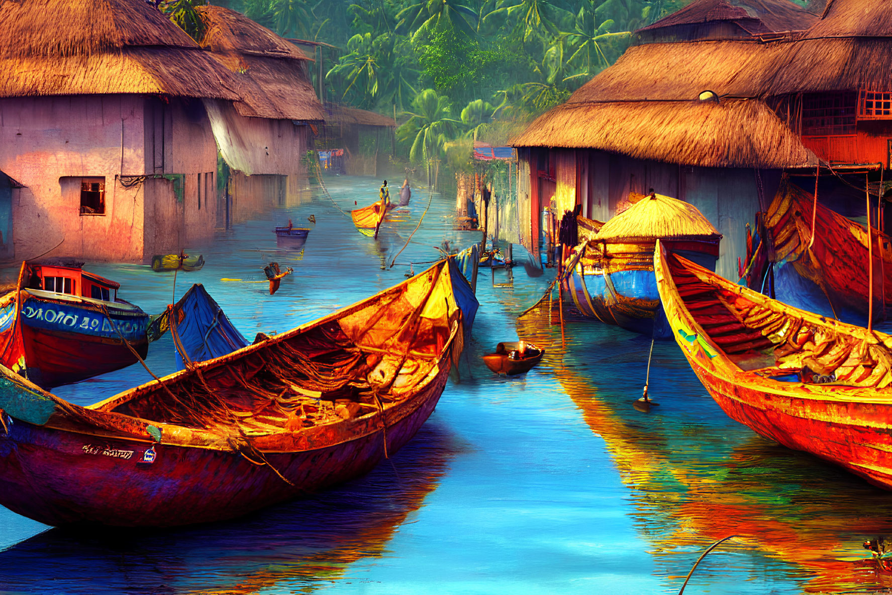 Scenic waterside village with thatched huts and colorful boats