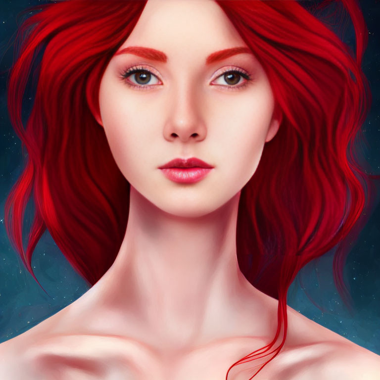 Digital portrait: Woman with flowing red hair and red eyes on deep blue background