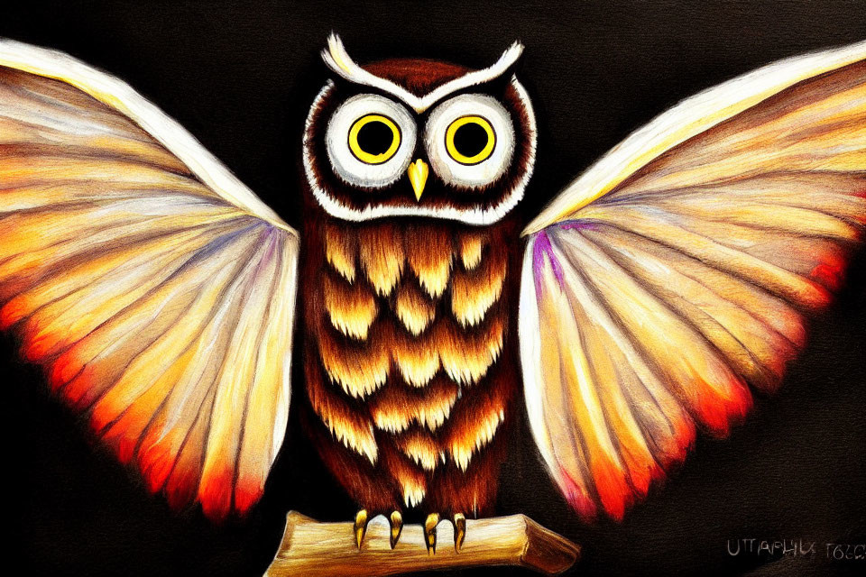 Vibrant owl illustration perched on branch against black backdrop