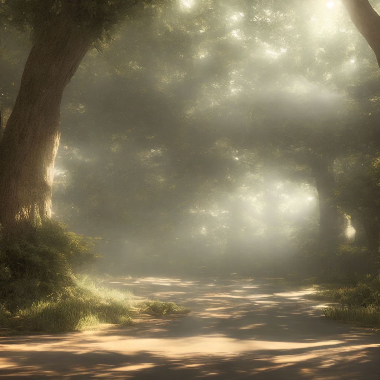 Misty forest with sunlight filtering through trees