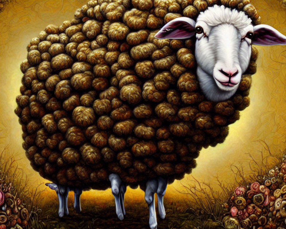 Surreal illustration of sheep with large textured body on textured background