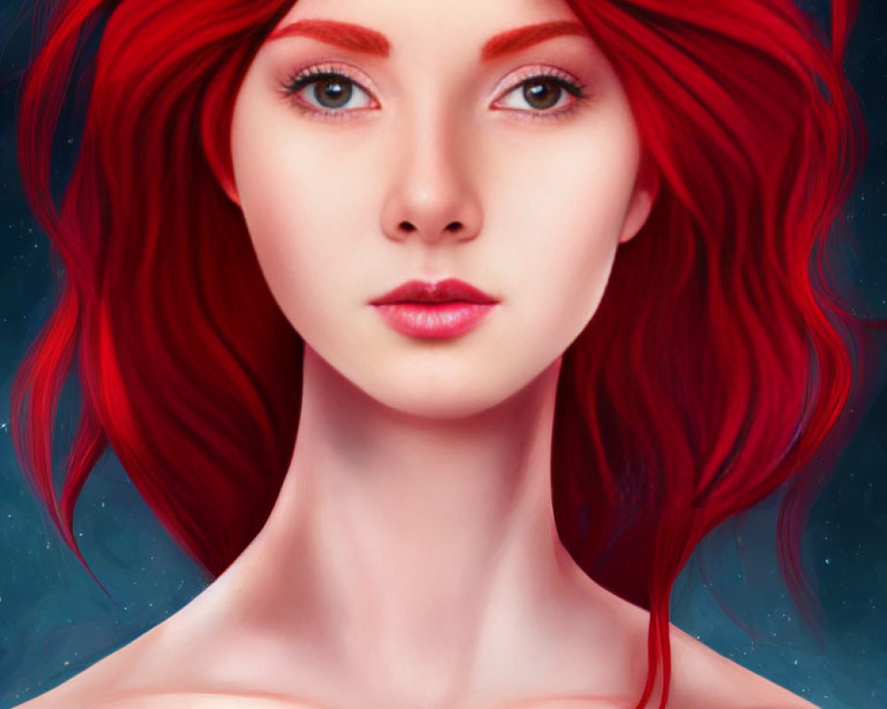 Digital portrait: Woman with flowing red hair and red eyes on deep blue background