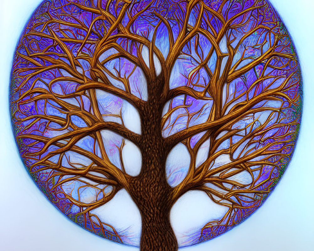 Intricately designed tree with complex branches on luminous blue background