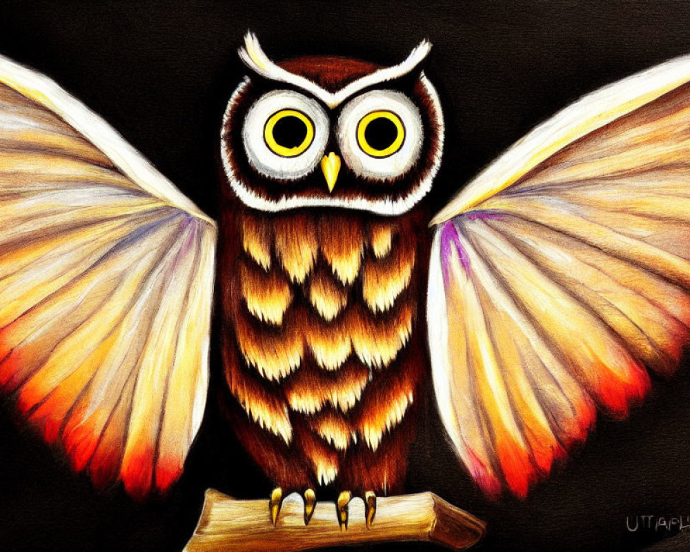 Vibrant owl illustration perched on branch against black backdrop