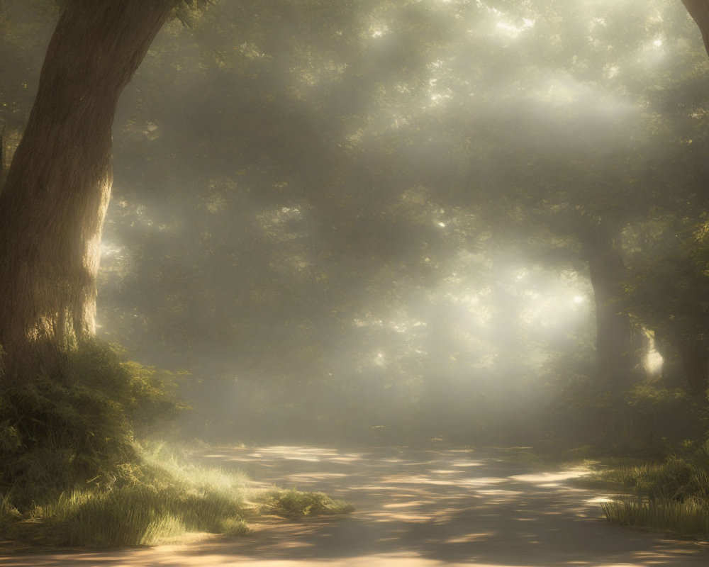 Misty forest with sunlight filtering through trees